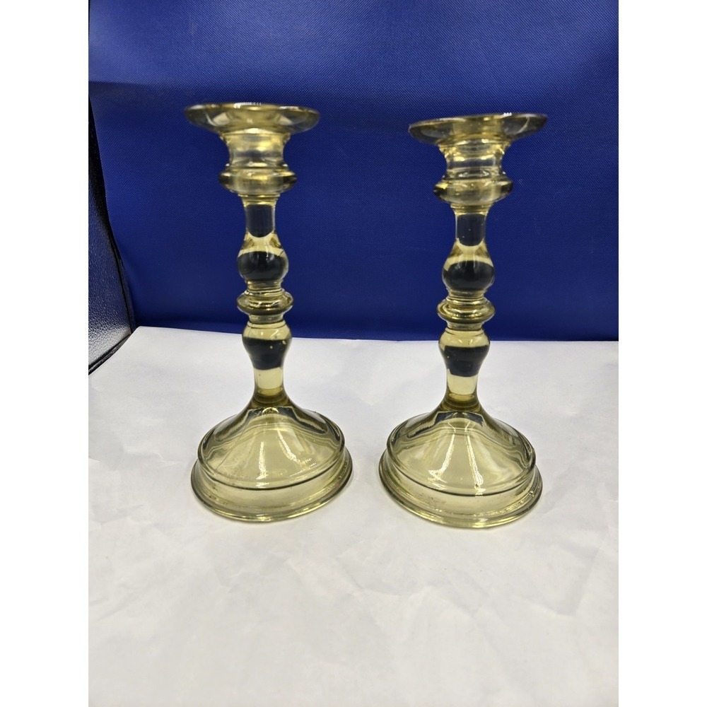 Pair Antique Vaseline Glass Candlesticks 9" Uranium Yellow Green Glows Unmarked